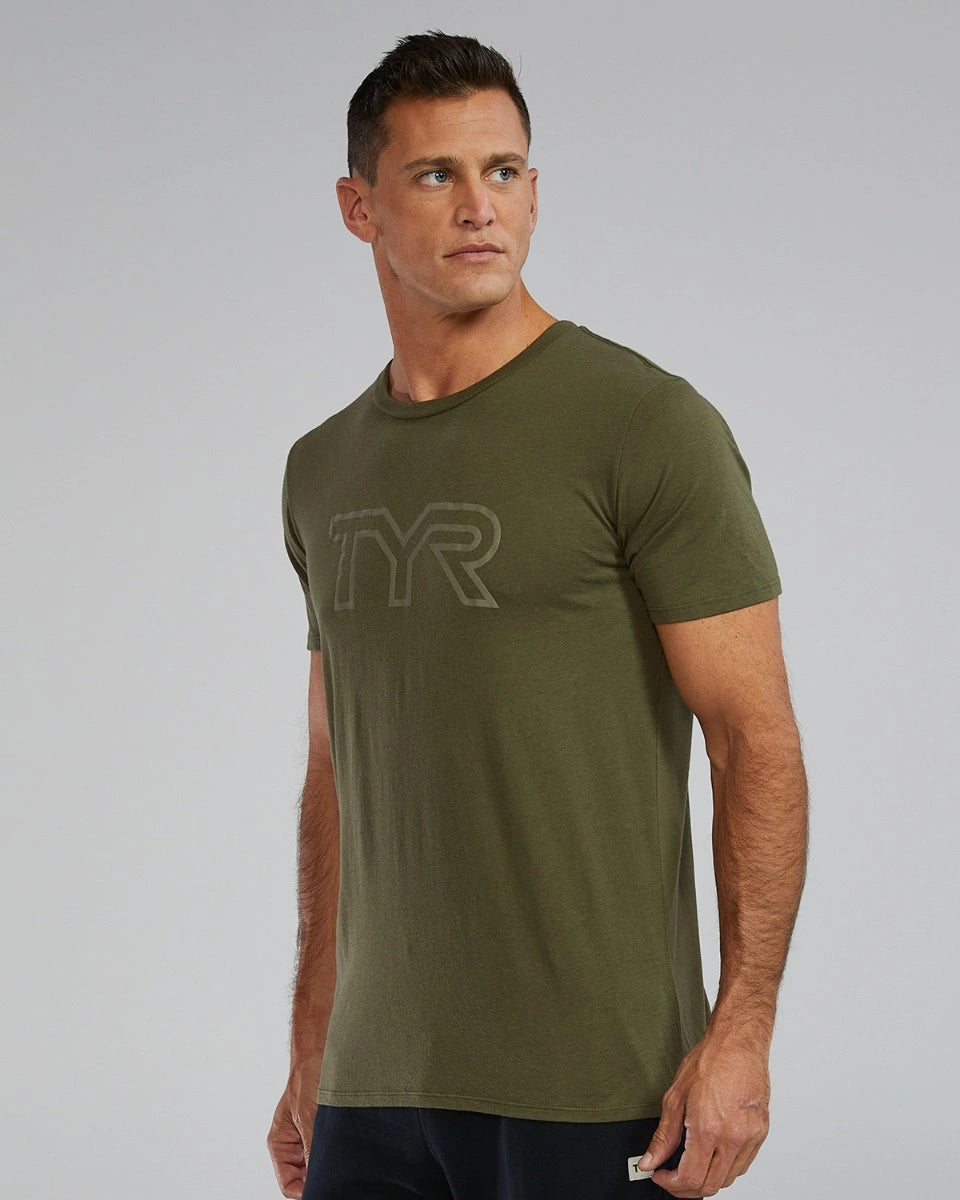 TYR Unisex Ultrasoft Lightweight Tri Blend Tech Tee - Big Logo Olive Night (932)