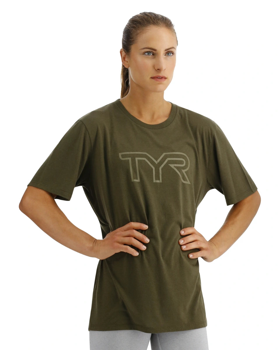 TYR Unisex Ultrasoft Lightweight Tri Blend Tech Tee - Big Logo Olive Night (932)